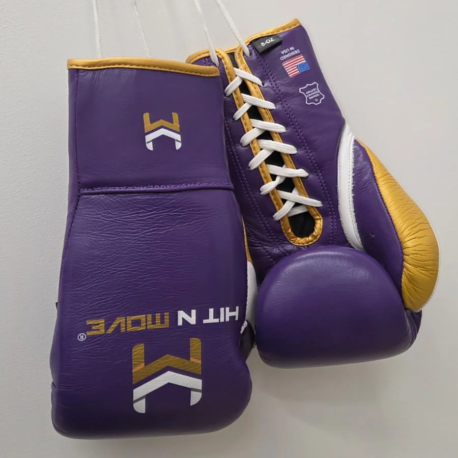 HIT N MOVE GLOVES PRO FIGHT HOOK & LOOP PURPLE/GOLD/WHITE - Image 2