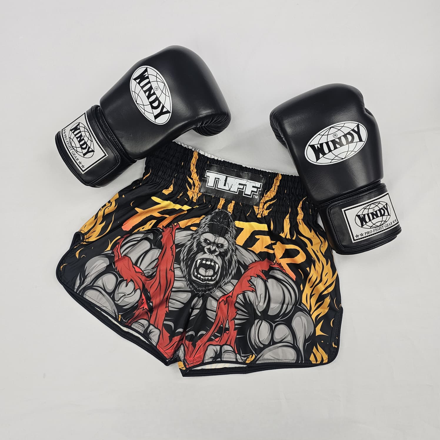 TUFF MUAY THAI SHORTS HIGH CUT RETRO REIGN OF KONG BLACK/YELLOW - Image 2