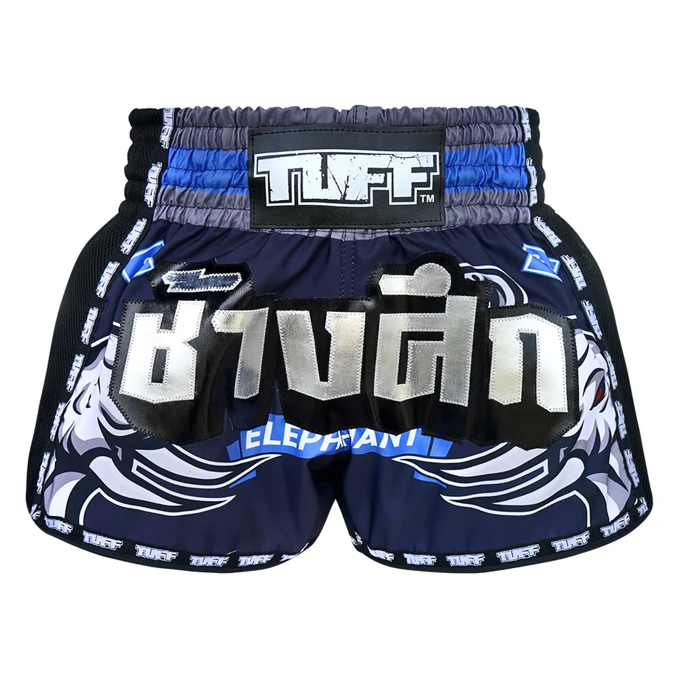 TUFF MUAY THAI SHORTS RETRO WAR ELEPHANT BLUE/SILVER