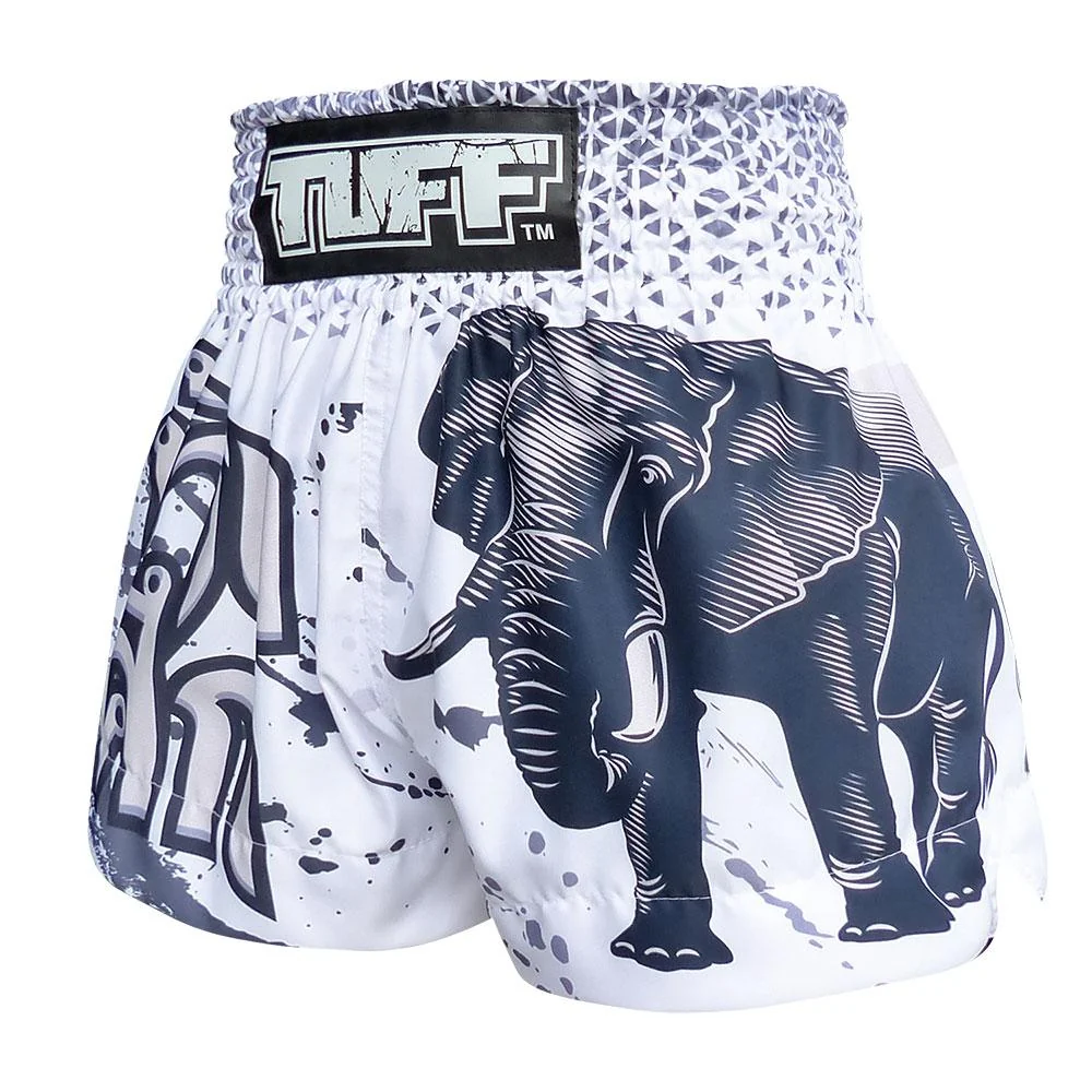 TUFF MUAY THAI SHORTS WAR ELEPHANT WHITE/BLUE - Image 4